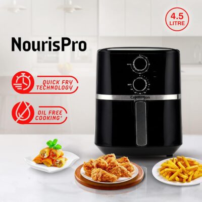 Crompton NourisPro 4.5 Ltr Air Fryer with Quick Fry Technology | 1500 Watts Super Helix Heating element | Large Circular Inner Bowl | Free OilBrush & Tong