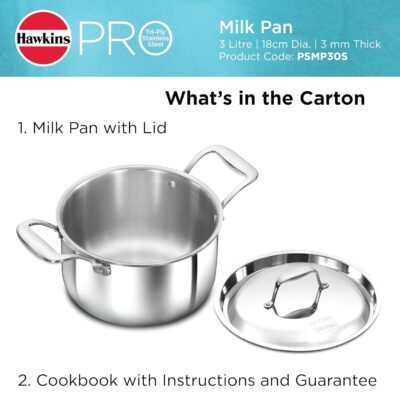 Hawkins 3 Litre Pro TriPly Stainless Steel Milk Pan with Stainless Steel Lid, Milk Pot, Sauce Pan, Silver (PSMP30S)