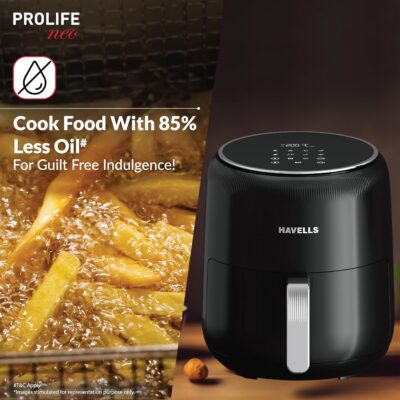 Havells Prolife Neo Air Fryer | 1500W | 4.5 L | LED Digital Display | 8 Pre-Sets | Aerocrisp Technology | 85% Less Oil Use| Auto Shutoff | Cool Touch Handle | 60-Min Timer | 2-Year Warranty | Black