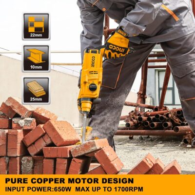 INGCO RGH6528 650W Reversible Rotary Hammer Drill 0-1700 RPM 25mm Variable Speed Chuck Corded Electric Drilling 0-5500BPM Impact Rate with Bits for Home Brick Metal Chiselling Masonry