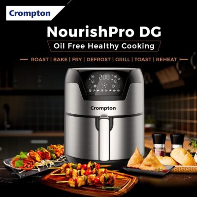 Crompton NourisPro DG 4.5 Ltr Digital Air Fryer with Quick Fry Technology | 1500 Watts | Double Inner Bowl for Easy Cleaning | 8 Indian Preset Menus | Free Accessories