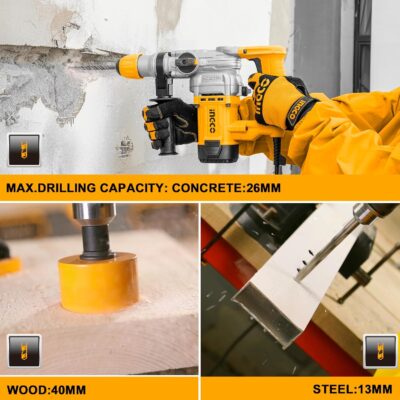 Ingco Rotary Hammer, Hammer Drill Machine,1050W,3800Bpm, SD's Plus Chuck System, With 3 Drills And 2 Chisels - Multicolor