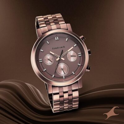 Fastrack Men Tick Tock Quartz Multifunction Grey Dial Rose Gold Metal Strap Watch for Guys - NT3287QM01
