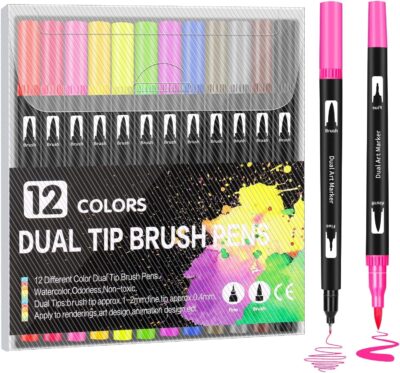 12 Pcs Dual Tip Brush Pens Felt Tip Pen Set 12 Colors, Colouring Pens Art Markers for Kids and Adults, Colouring Book, Art Supplies Fineliner Tip Brush Marker for Drawing Sketching