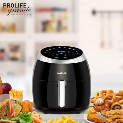 Havells Grande Air Fryer With Aero Crisp Technology, 6.5 Litre Large Pan Capacity, 10 Pre- Set Menu, Touch Screen, Digital Display&2 Year Warranty, 6.5 Liter, Black,1700 Watts