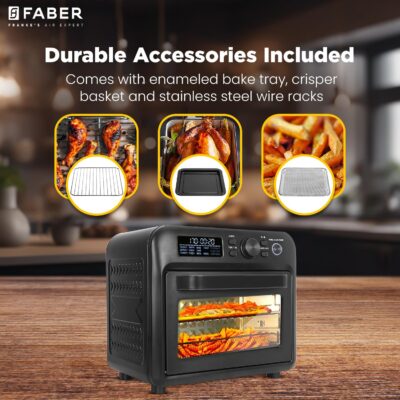 Faber Air Fryer Oven 20L, Digital Control, Bake Tray, SS Wire Tray & Basket, Crumb Tray, | 15 Preset Auto Program | Bake,Roast,Fry,Toast,Defrost | FAO 20L BK 15DF