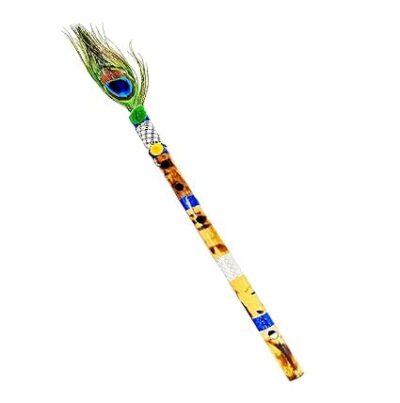 Bamboo Flute | Bansuri | Natural Medium Scale | for Decoration in Mandir, Mandapam| Traditional flute with Peacock feather | 16 inch Bamboo Bansuri with peacock feather flute pack of 1