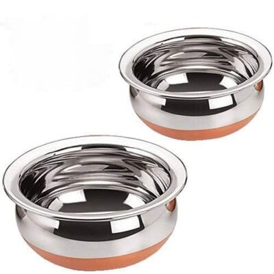 ALWAFLI Stainless Steel Copper Bottom Handi Set – 2 Pcs Cooking & Serving Bowls with Lids