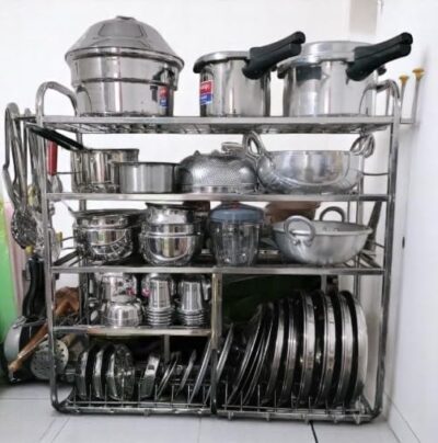 DEMIQON Stainless Steel Heavy Duty Kitchen Rack | 5-Tier Multi-Purpose Wall-Mount Storage Stand for Plates, Bowls, Cookers & Utensils | Rust-Resistant Organizer with Hanging Hooks | Modular Kitchen Shelf