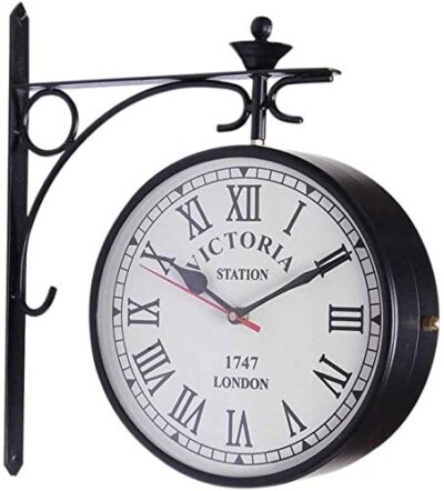 8 Inch Dial Vintage wall Clock / Black station clock / antique clock like Brass wall clock / Victoria Royal double side clock / double sided wall clock by Hydro Tech with One Year Warranty written on Clock Machines