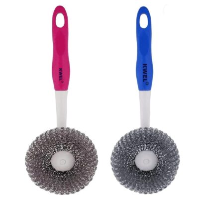 KWEL Long Handle Stainless Steel Wire Grill Brush with Hanging Hole – Multipurpose Sink & Kitchen Cleaning Brush with Plastic Handle (Pack of 2, Multicolor)