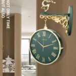 Metal Luxury Look Round Wall Hanging Watch Indoor/Outdoor Roman & English Numbers Double-Sided Hanging Analog Clock with 360-Degree Round Wall Hanging Watch Double Sided 2 Faces (W3-Green)