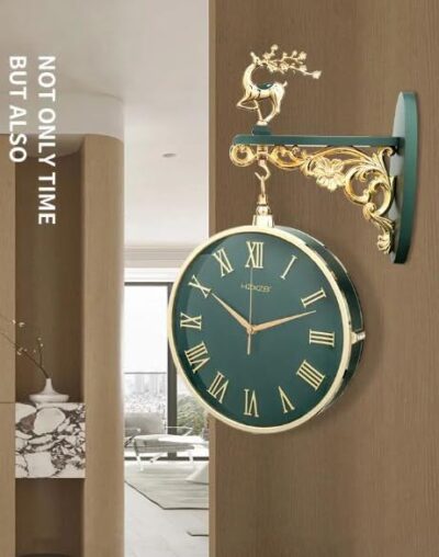 Metal Luxury Look Round Wall Hanging Watch Indoor/Outdoor Roman & English Numbers Double-Sided Hanging Analog Clock with 360-Degree Round Wall Hanging Watch Double Sided 2 Faces (W3-Green)