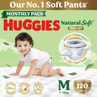 Natural Soft Premium Baby Diaper Pants, Our No.1 Soft Pants, Medium (M) Size (7-12 Kgs), Monthly Pack of 120 diapers | Cloud Softness All over with India's 1st Cloud Touch Belt