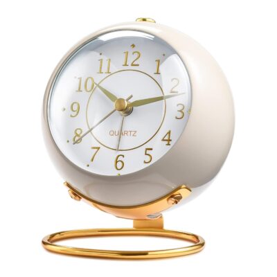 Alloy Steel Analog Alarm Clocks, Retro Backlight Cute Simple Design Small Desk Clock Night Light, Silent Non-Ticking, Battery Powered (White)-10 Cm