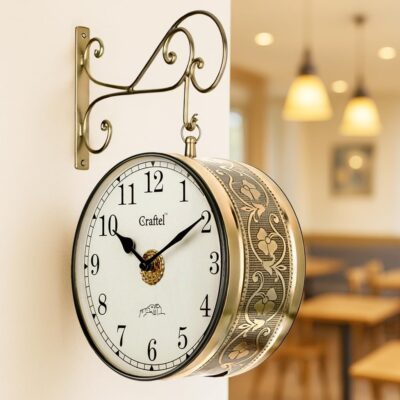 Metal Analog Double Sided Vintage Station Wall Clock with Brass in dial (Golden, 10 Inches)