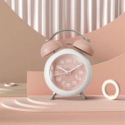 Alloy Steel, Glass Twin Bell Edition Vintage Look With Night Led Display Table Alarm Digital Clock, Home Decor, Size :12X10X6 Cm, Small (Pink)