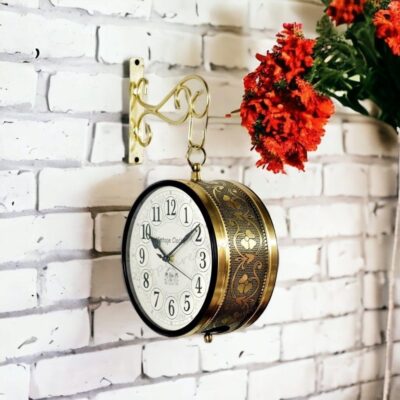 Handcrafted Double Side Analog Wall Clock 1 Year Warranty / 65091-6-HH, Iron, 15x15 cm, Two Side English Numbers, gold