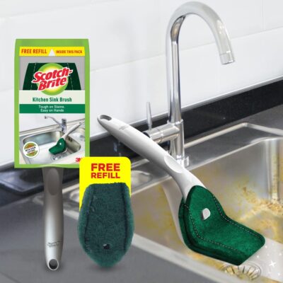 Scotch-Brite Plastic Kitchen Sink Brush (Silver) | Pack of 1 | Ergonomic Handle & Refillable Head