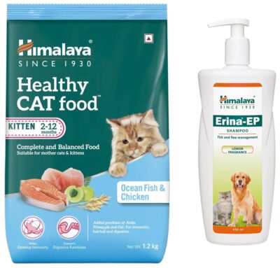 Himalaya Combo – Healthy Cat Food (Mother & Kitten, Ocean Fish, 1.2 Kg) + Erina-EP Shampoo for Dogs & Cats (450 ml) | Complete Pet Nutrition & Skin Health Care