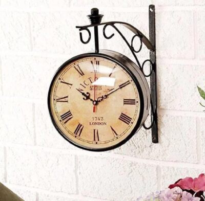 Metal London Vintage Victoria Double Sided Station Analog Wall Clock With Dial (Black, Brown, 8 Inches Dial Size)