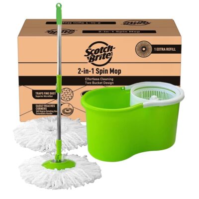 Scotch-Brite 2-in-1 Bucket Spin Mop (Green) with 2 Refills | Twin Bucket System | 360° Telescopic Handle | Easy Wring & Rinse | 4 Pcs Set