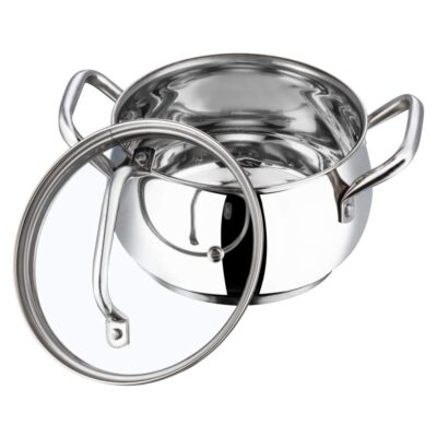 Vinod Almaty Stainless Steel Saucepot with Glass Lid | 1.3 Litre, 14 cm | 2.6 mm Thick Base | Induction & Gas Compatible | Riveted Handle | 2 Year Warranty