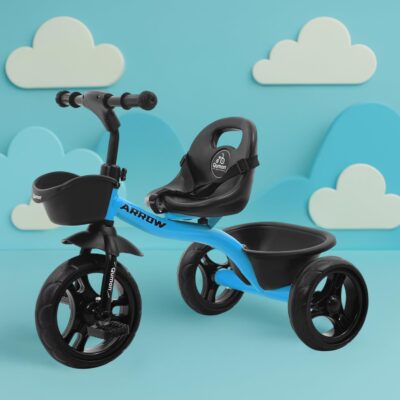Qumon Arrow Kids Tricycle with Seat Belt & Dual Baskets – Sky Blue