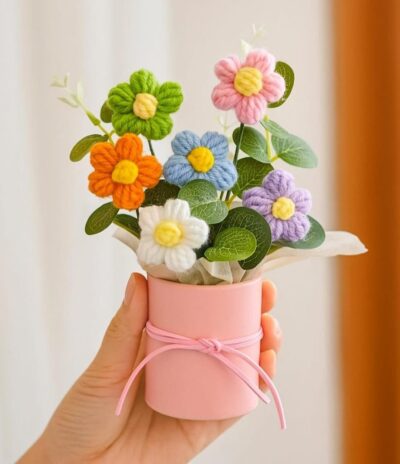 VRB Dec Artificial Crochet Flower Bouquet | Handmade Multicolor Daisy Bunch | Home & Office Decor, Wedding, Party & Festive Gifting | Pack of 1