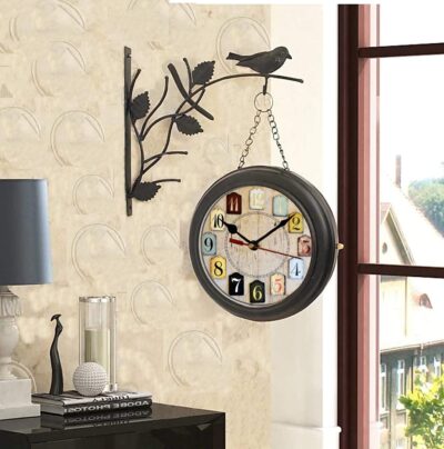 Traditional 25 Cm Vintage Double Sided Antique Station Clock With Black Bird Round Metal Body (Design Ant12) - Analog