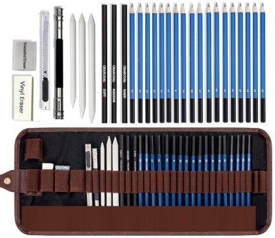 Corslet 28-Piece Drawing & Sketching Pencil Set | Graphite & Charcoal Pencils with Blending Tools, Erasers & Canvas Roll Pouch | Professional Art Supplies Kit for Kids, Beginners & Artists