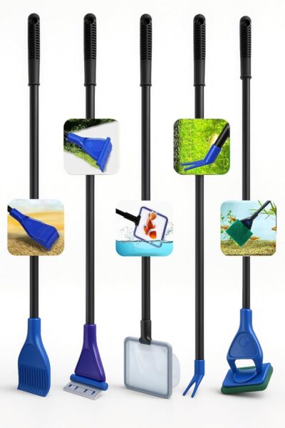 Buraq 5-in-1 Aquarium Cleaning Kit – Multi-Function Fish Tank Maintenance Tool Set with Algae Scraper, Gravel Rake, Sponge Brush, Plant Fork & Fish Net (46 cm Handle)