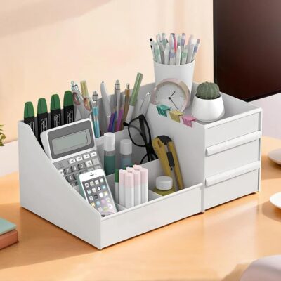 Kuber Industries 8-Compartment Stationery Organizer | Desk & Study Table Pen Holder with Drawers | White Plastic Desk Organizer