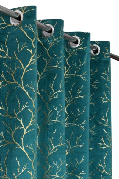Soulful Creations Aqua Velvet Foil Print Curtains – 7 Feet, Pack of 2, Room Darkening