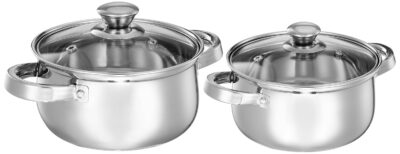 Amazon Brand – Solimo Set of 2 Stainless Steel Cook & Serve with Glass Lids | 100% Food-Grade | Gas & Induction Compatible | Dishwasher-Safe | 2L & 500 ml