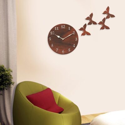 Wooden Wall Clock for Living Room Stylish Latest | Wall Watch for Home | Designer Wooden Butterflies | Analog Clocks for Home Clocks 10 Inch Brown