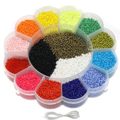 Beadsnfashion Glass Seed Beads Neon & Opaque DIY Kit | 15 Colors 2mm Beads with Storage Box & 12m Nylon Thread | Jewelry Making, Embroidery & DIY Craft Supplies