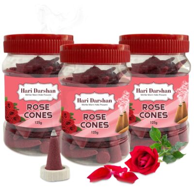 Hari Darshan Rose Dhoop Cones | Organic, Non-Charcoal & Bamboo-Free | Long-Lasting Rose Fragrance for Pooja, Meditation, Yoga & Relaxation | Pack of 3 (125g Each, ~75 Cones per Jar)