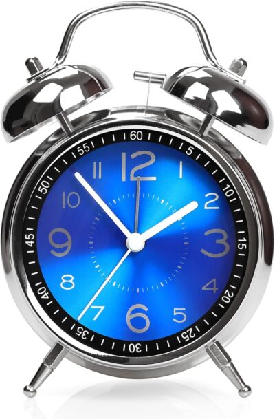 Analog Alarm Clock for Heavy Sleepers Loud Clock for Adults, Metal 4 Inches Twin Bell Table Clock with Backlight Alarm Clocks for Students Decoration Bedroom/Office (Blue Silver)