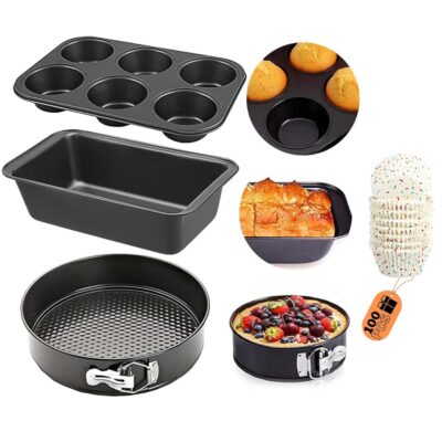 Curated Cart Premium Cake Making Set – Carbon Steel Baking Combo for Microwave, OTG & Dishwasher Safe (6-Cavity Muffin Tray + Rectangle Bread Tin + Springform Cake Mould)