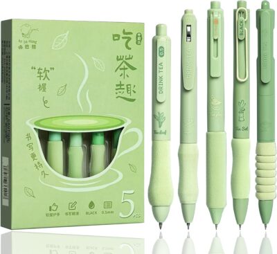 SAMVARDHAN 0.5mm Gel Pens | Retractable Quick-Dry Ink Rollerball Pens | Smooth Writing Fine Point Pens for School & Office (Pack of 5, Green Tea Theme)