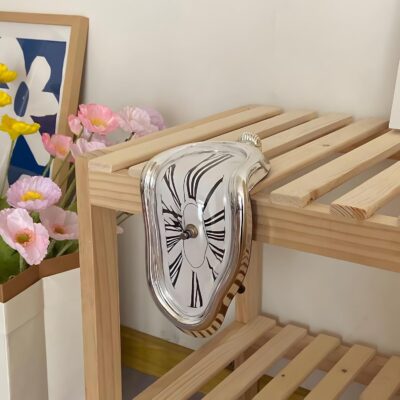 Melting Clock for Desk Shelf Home Decor Office Melted Design Decorative Wall Clock - 4.5" W x 7" H - Silver - Analog Roman Numberics