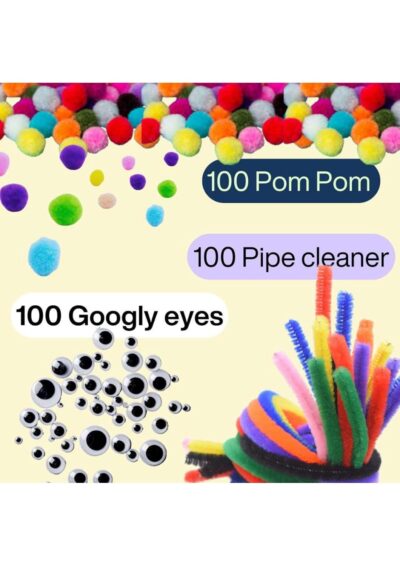 KaNa Multipurpose Pom Pom Craft Kit | 100 Pipe Cleaners + 100 Multicolor Pom Poms + 100 Googly Eyes | Arts & Crafts Supplies for Kids & Adults