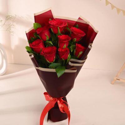 FlowerAura Fresh 8 Red Rose Bouquet | Elegant Floral Gift for Birthday, Anniversary, Wedding, Valentine’s Day, Mother’s Day & Father’s Day | Same Day Delivery