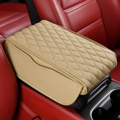 RT6 Universal Car Center Console Cover Armrest Cushion Pad Pillow with 2 Storage Side Pockets, Memory Foam, Leatherite, Interior Accessories Fit for All SUV's (1 Pcs-Beige)