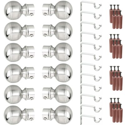 GRIVAN Stainless Steel Curtain Brackets with Finials – Silver, Pair of 6