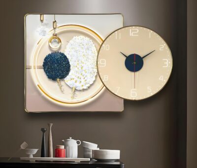 Umi Tempered Glass Wall Art Painting Photo Frame with Crystals Silent Stylish Decorative Home Decor Wall Clock for Living Room Bedroom Home Decoration Housewarming Gift (UC-54173)