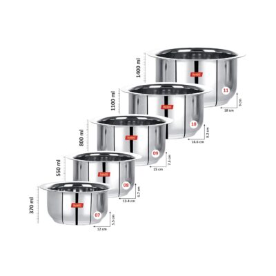Sumeet Stainless Steel Friendly Tope/Patila Cookware Set | 5 Pcs (370 ml, 550 ml, 800 ml, 1100 ml, 1400 ml) | Induction & Gas Stove Compatible | Durable, Glossy Finish | Dishwasher-Safe