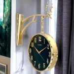 Wall Clock Retro Double-Sided Station Clock Battery Operated Silent Clock with Wall Mounting Kit Analog Wall Clock for Living Room (W4-Gold), Metal
