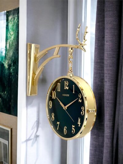 Wall Clock Retro Double-Sided Station Clock Battery Operated Silent Clock with Wall Mounting Kit Analog Wall Clock for Living Room (W4-Gold), Metal